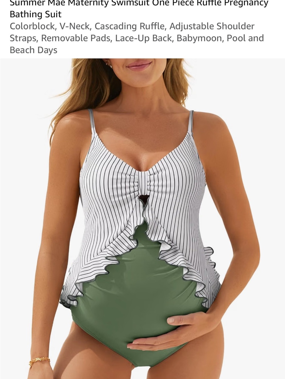 Summer Mae Maternity One-Piece Ruffle Tankini - Black/White Stripe with Olive